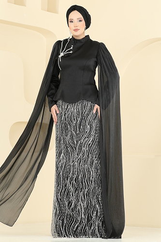 moda selvim Omuz Pelerin Detaylı Abiye 5492DMNK1166 Siyah - Thumbnail