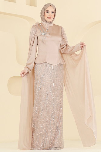 moda selvim Omuz Pelerin Detaylı Abiye 5492DMNK1166 Taş - Thumbnail
