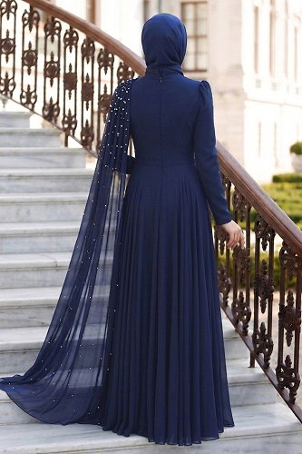 moda selvim Omuz Pelerin Detaylı Şifon Abiye 5595DMNK1166 Açık Laci - Thumbnail