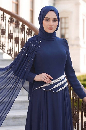 moda selvim Omuz Pelerin Detaylı Şifon Abiye 5595DMNK1166 Açık Laci - Thumbnail