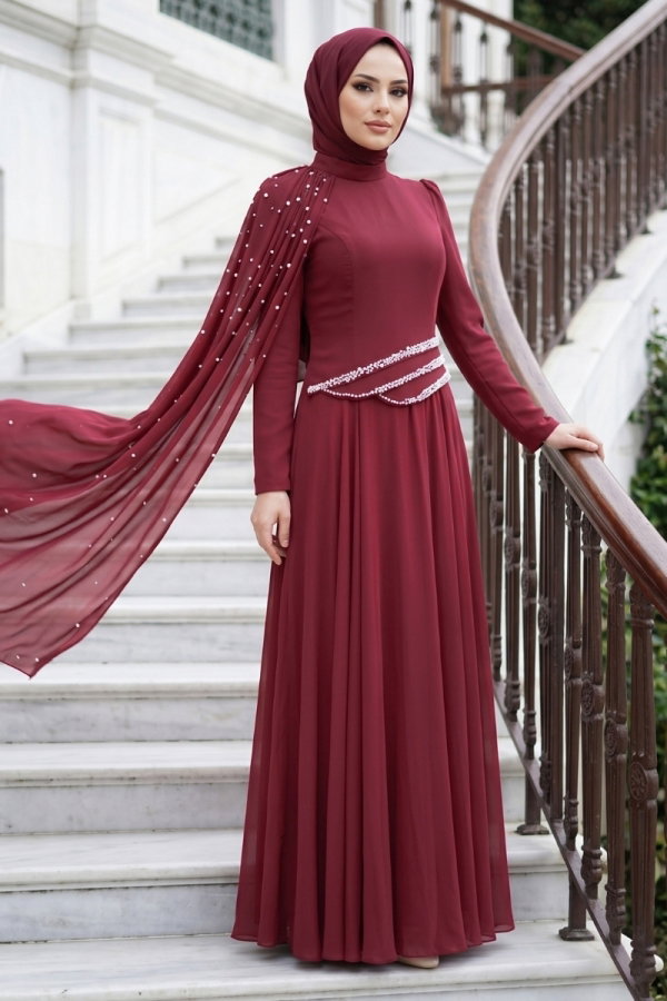 Modaselvim ABİYE Omuz Pelerin Detaylı Şifon Abiye 5595DMNK1166 Bordo