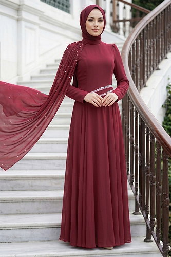 moda selvim Omuz Pelerin Detaylı Şifon Abiye 5595DMNK1166 Bordo - Thumbnail
