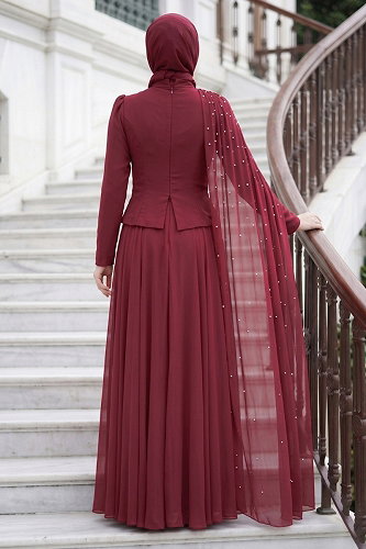 moda selvim Omuz Pelerin Detaylı Şifon Abiye 5595DMNK1166 Bordo - Thumbnail