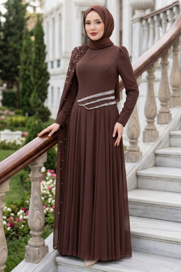 Modaselvim ABİYE Omuz Pelerin Detaylı Şifon Abiye 5595DMNK1166 Kahve