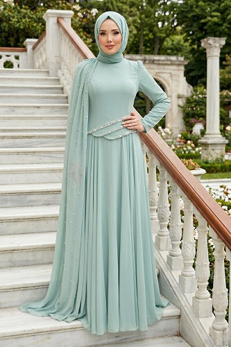 moda selvim Omuz Pelerin Detaylı Şifon Abiye 5595DMNK1166 Mint - Thumbnail