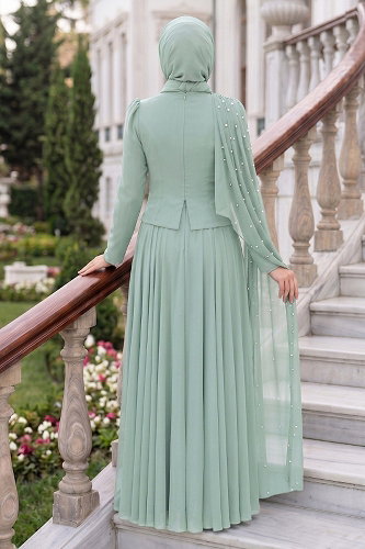 moda selvim Omuz Pelerin Detaylı Şifon Abiye 5595DMNK1166 Mint - Thumbnail