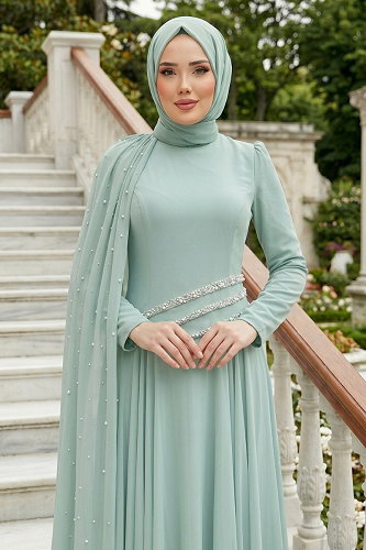 moda selvim Omuz Pelerin Detaylı Şifon Abiye 5595DMNK1166 Mint - Thumbnail