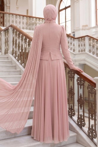 moda selvim Omuz Pelerin Detaylı Şifon Abiye 5595DMNK1166 Pudra - Thumbnail