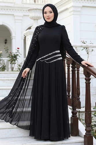 moda selvim Omuz Pelerin Detaylı Şifon Abiye 5595DMNK1166 Siyah - Thumbnail
