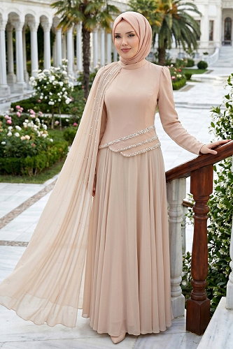 moda selvim Omuz Pelerin Detaylı Şifon Abiye 5595DMNK1166 Taş - Thumbnail