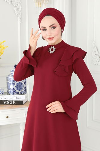 moda selvim Omuzu Fırfırlı Krep Takım 5775AB368 Bordo - Thumbnail