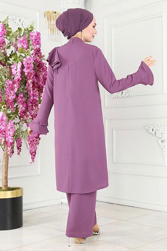 moda selvim Omuzu Fırfırlı Krep Takım 5775AB368 Lila - Thumbnail