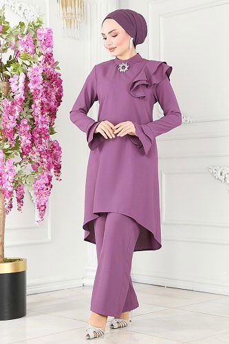 moda selvim Omuzu Fırfırlı Krep Takım 5775AB368 Lila - Thumbnail