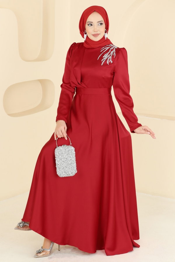Modaselvim ABİYE Omuzu Taşlı Saten Elbise 5801EDFK1198 Kırmızı
