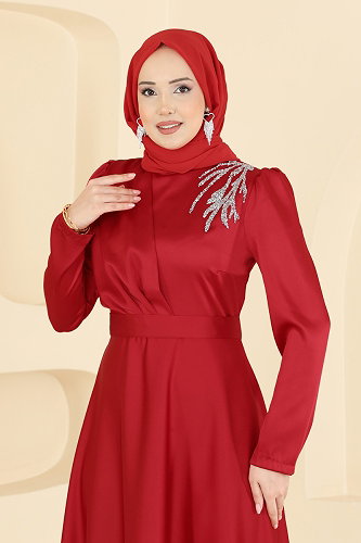 moda selvim Omuzu Taşlı Saten Elbise 5801EDFK1198 Kırmızı - Thumbnail