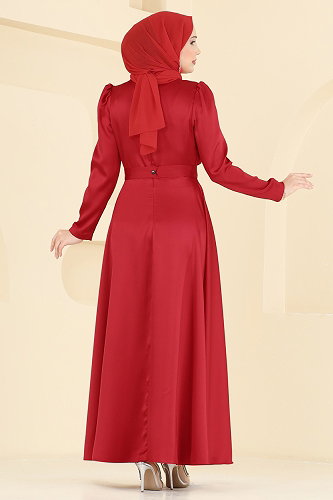 moda selvim Omuzu Taşlı Saten Elbise 5801EDFK1198 Kırmızı - Thumbnail