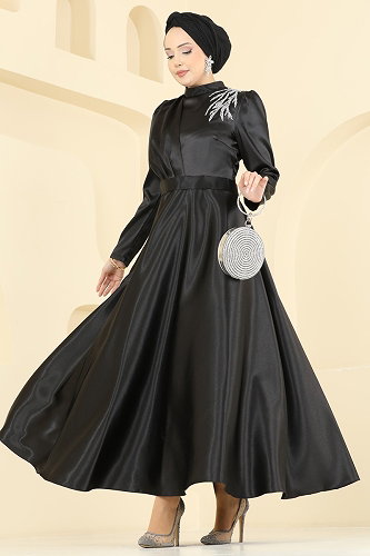 moda selvim Omuzu Taşlı Saten Elbise 5801EDFK1198 Siyah - Thumbnail