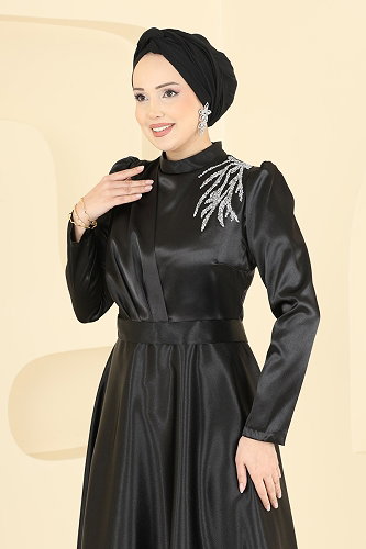 moda selvim Omuzu Taşlı Saten Elbise 5801EDFK1198 Siyah - Thumbnail