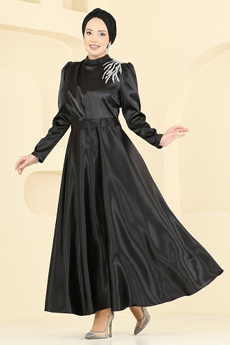 moda selvim Omuzu Taşlı Saten Elbise 5801EDFK1198 Siyah - Thumbnail
