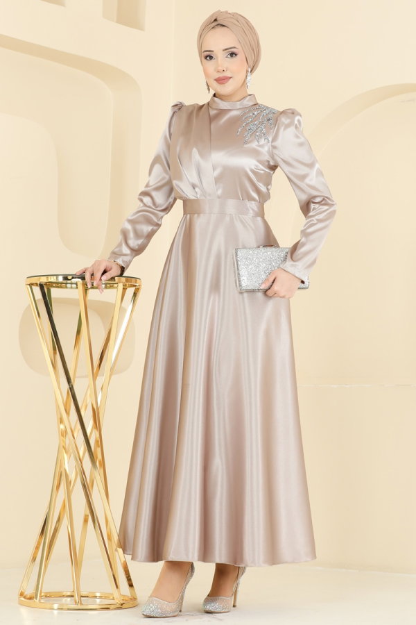 Modaselvim ABİYE Omuzu Taşlı Saten Elbise 5801EDFK1198 Taş
