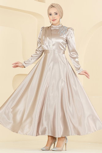 moda selvim Omuzu Taşlı Saten Elbise 5801EDFK1198 Taş - Thumbnail
