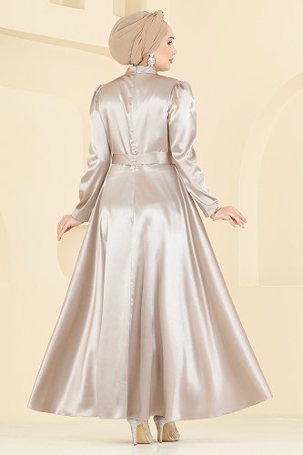 moda selvim Omuzu Taşlı Saten Elbise 5801EDFK1198 Taş - Thumbnail