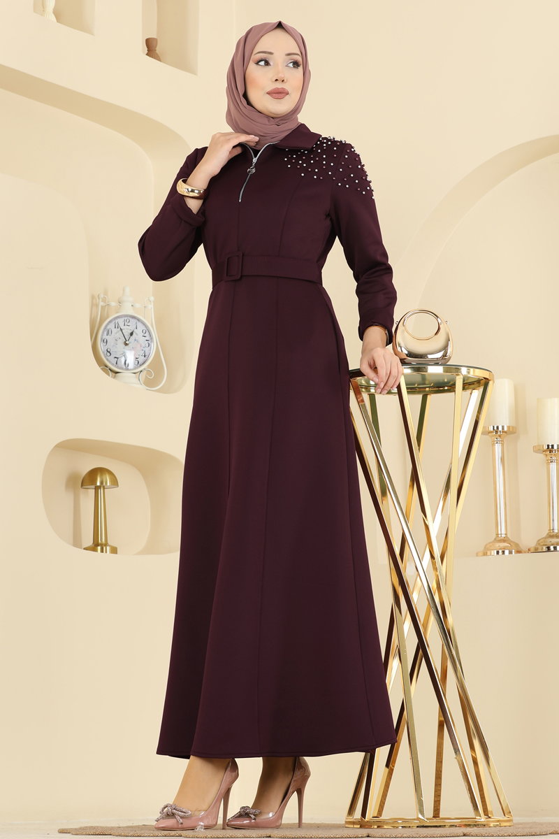 Omuzu Taşlı Scuba Elbise 5727EDF311 Bordo