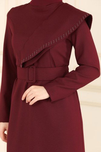 moda selvim Omuzu Volanlı Kalem Elbise ASM2589 Bordo - Thumbnail