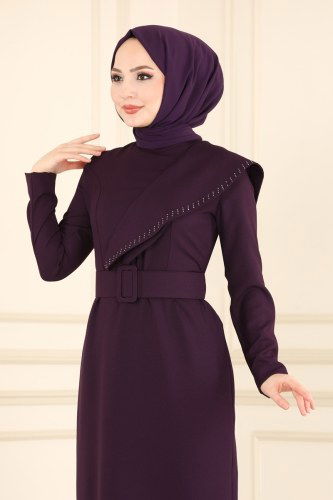 moda selvim Omuzu Volanlı Kalem Elbise ASM2589 Mor - Thumbnail
