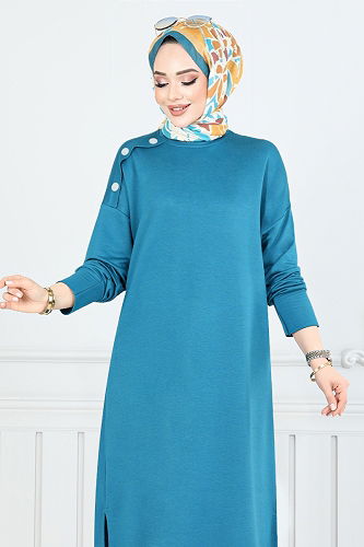 moda selvim Omzu Düğmeli Tesettür Tunik 2695AYD969-M Petrol - Thumbnail