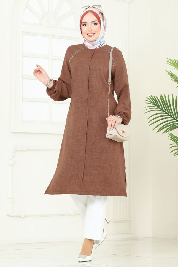 Modaselvim Tunik Omzu Taşlı Sofia Tunik 3124HBS856 Açık Kahve