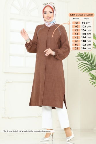 moda selvim Omzu Taşlı Sofia Tunik 3124HBS856 Açık Kahve - Thumbnail