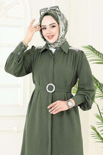 moda selvim Omzu Taşlı Tesettür Takım 1470MP806 Haki - Thumbnail