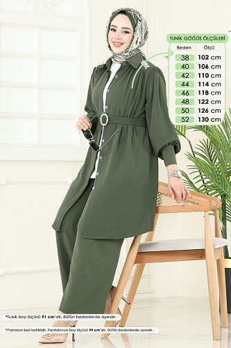 moda selvim Omzu Taşlı Tesettür Takım 1470MP806 Haki - Thumbnail