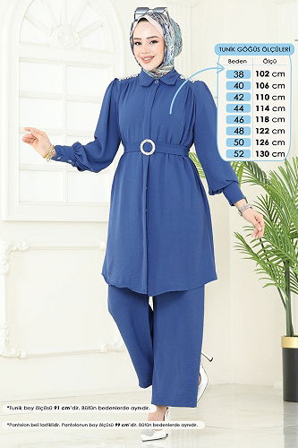 moda selvim Omzu Taşlı Tesettür Takım 1470MP806 İndigo - Thumbnail