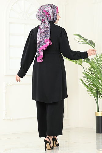 moda selvim Omzu Taşlı Tesettür Takım 1470MP806 Siyah - Thumbnail