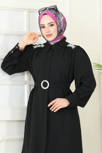 moda selvim Omzu Taşlı Tesettür Takım 1470MP806 Siyah - Thumbnail