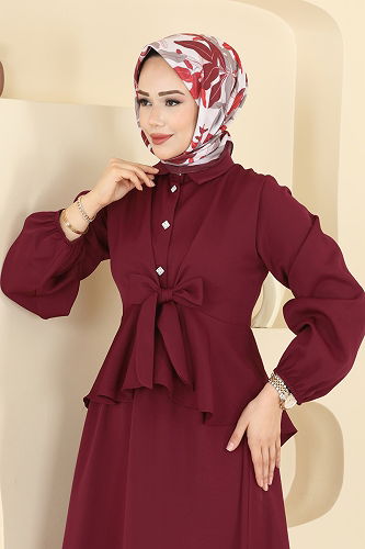 moda selvim Önden Bağlamalı Dabıl Takım 0845LVA1173 Bordo - Thumbnail