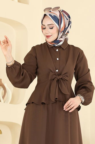 moda selvim Önden Bağlamalı Dabıl Takım 0845LVA1173 Kahve - Thumbnail