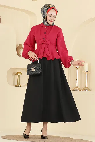 moda selvim Önden Bağlamalı Dabıl Takım 0845LVA1173 Kırmızı&Siyah - Thumbnail