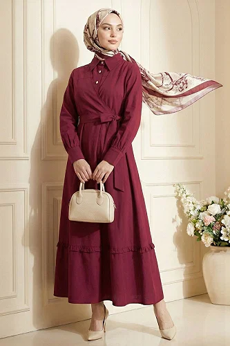 moda selvim Önden Bağlamalı Düğmeli Elbise 5100DNZ1191-M Bordo - Thumbnail