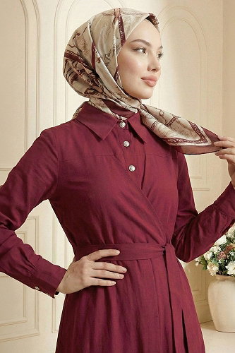 moda selvim Önden Bağlamalı Düğmeli Elbise 5100DNZ1191-M Bordo - Thumbnail