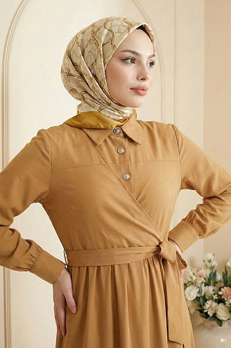 moda selvim Önden Bağlamalı Düğmeli Elbise 5100DNZ1191-M Koyu Hardal - Thumbnail
