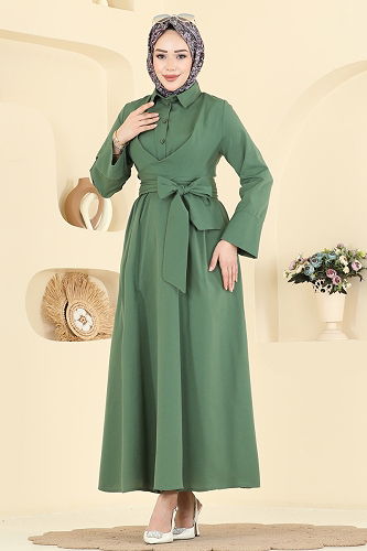 moda selvim Önden Bağlamalı Terikoton Elbise 202ART1138 Haki - Thumbnail