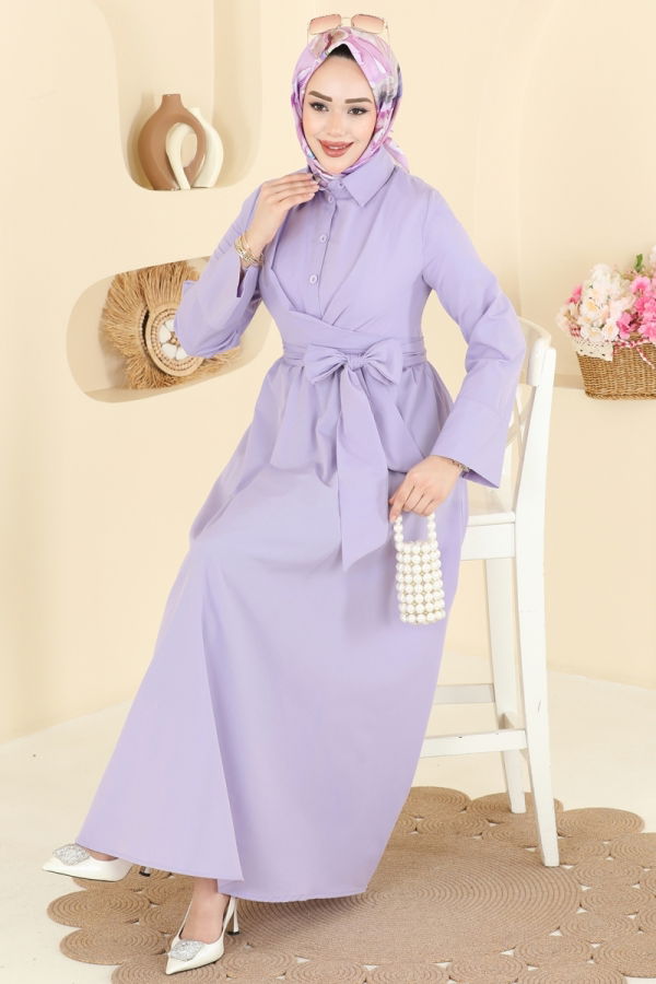 Modaselvim Elbise Önden Bağlamalı Terikoton Elbise 202ART1138 Lila