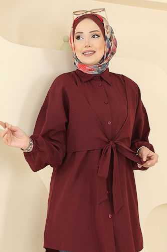 moda selvim Önden Bağlamalı Terikoton Gömlek 316ASN888 Bordo - Thumbnail