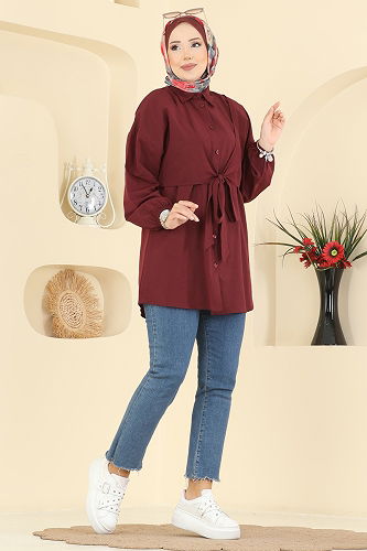 moda selvim Önden Bağlamalı Terikoton Gömlek 316ASN888 Bordo - Thumbnail