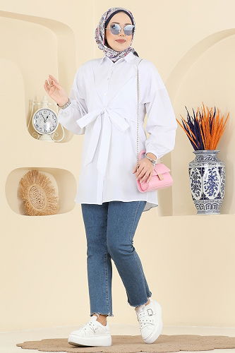 moda selvim Önden Bağlamalı Terikoton Gömlek 316ASN888 Ekru - Thumbnail