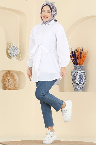 moda selvim Önden Bağlamalı Terikoton Gömlek 316ASN888 Ekru - Thumbnail