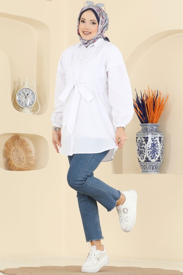 Modaselvim Bluz ve Gömlek Önden Bağlamalı Terikoton Gömlek 316ASN888 Ekru